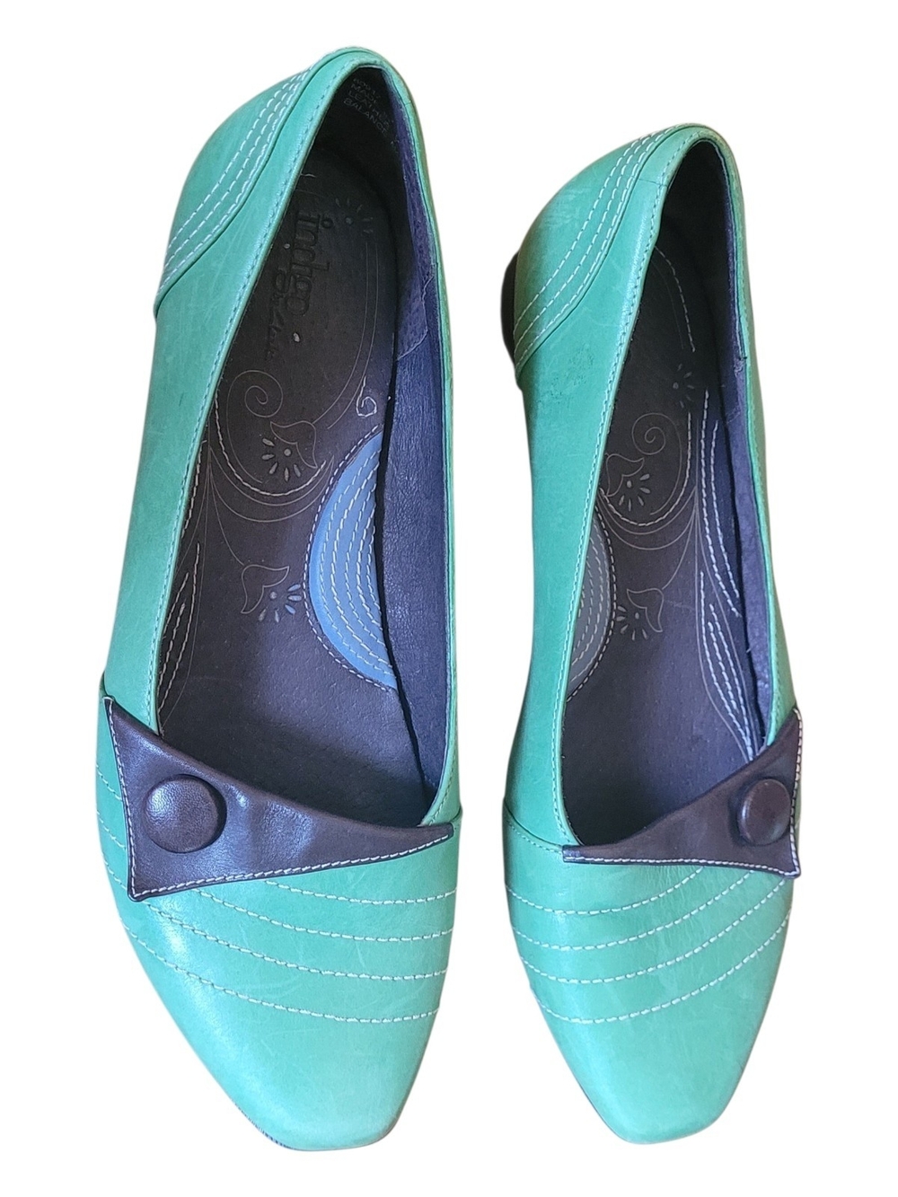 Indigo Teal Pointed-Toe Flats with Dark Trim and Button